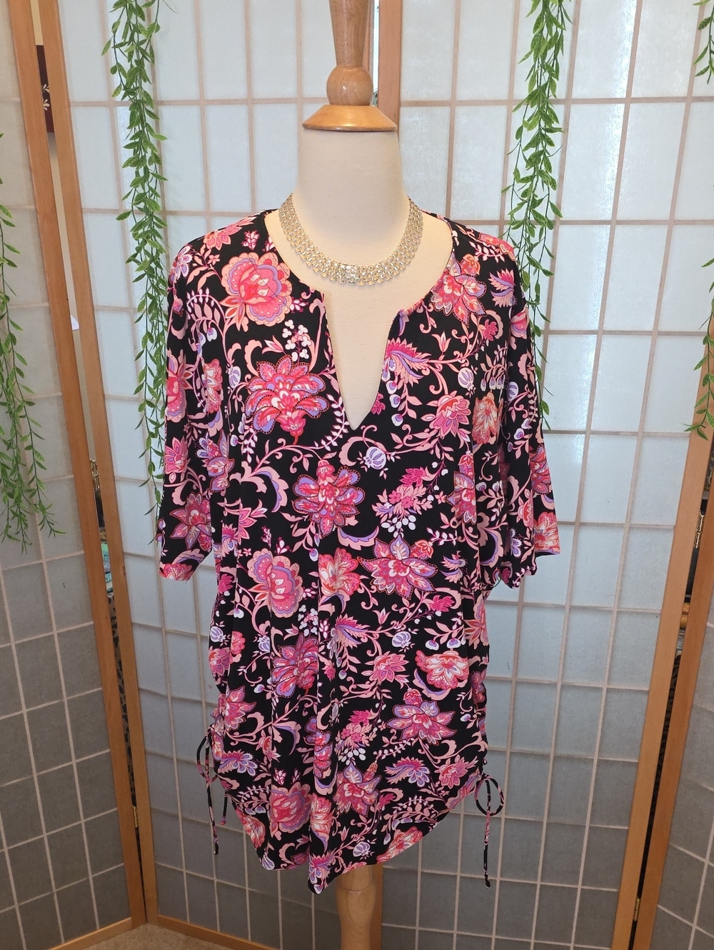 Lands' End Black Tunic with Pink Floral Print